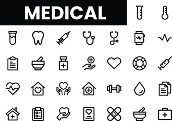 A collection of medical-themed icons representing various healthcare concepts.