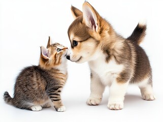 Obraz premium A playful interaction between a cat and a dog, set against a white backdrop