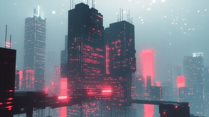 A futuristic cityscape showing tall buildings and red lights