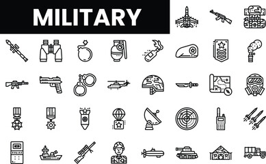 A collection of military icons in a minimalistic black and white design.
