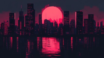 A cityscape silhouette with a red sun reflected in the water