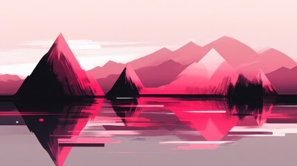 Pink mountains and reflections sit across still and calm water