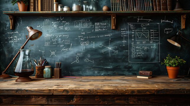 Wooden desk math formulas drawn on a black chalkboard negative space for text overlay
