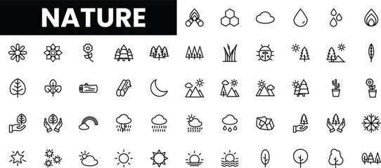 A diverse collection of nature-themed icons in minimalist line art style.