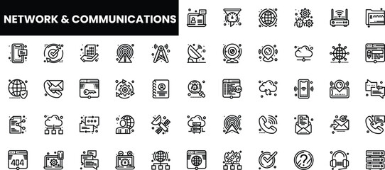 A collection of black and white icons representing network and communication technologies.
