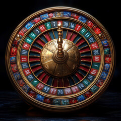 A moving roulette wheel with alternating red and black pockets, a green zero pocket, and numbers from 1 to 36 Set in an elaborate golden frame, the image captures the elegance associa - AI-Generated
