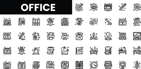 A collection of monochrome office icons representing various work elements.