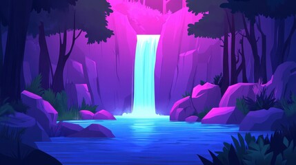 A beautiful waterfall cascades into a serene forest lake environment