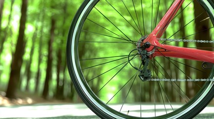 Bicycle wheel detail with red frame in motion on nature trail, spinning in green tree forest background for transportation or cycl