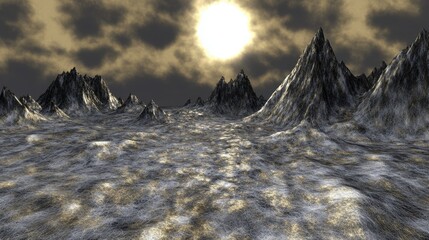 Majestic mountain range landscape with glowing light in the sky