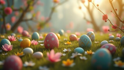 Easter eggs, bunny and spring flowers on meadow. Easter concept