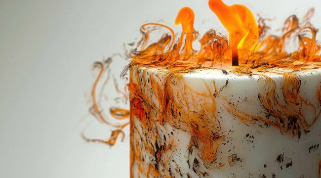 Artistic decorative candle with swirling orange pigment and a burning wick, creating a mesmerizing flame display