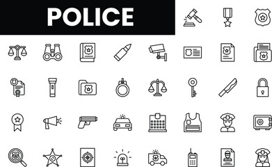 A collection of police-related icons in a minimalist line art style.