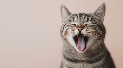 Obraz premium National Pet Day, Adorable Tabby Cat Yawning Cute Pet Portrait Against Neutral Background