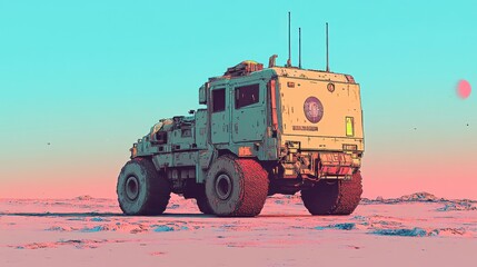 An imaginative science fiction vehicle is driving on a barren landscape