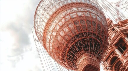 Naklejka premium Low-Angle View of a Decorative Hot Air Balloon Basket with Ornamental Details and a Nearby Intricate Structure