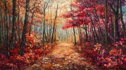 Obraz premium Autumn forest path, vibrant colors, Impressionistic art, tranquil scene, suitable for nature lovers