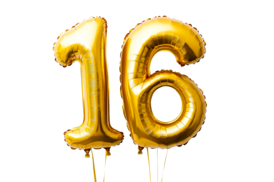 Golden Balloons Number 16 for Birthday Celebration, cut out transparent - Powered by Adobe
