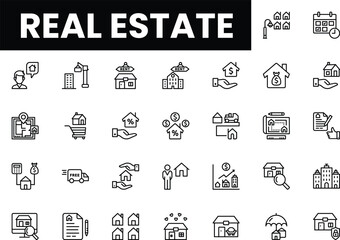 Black and white icons illustrating various real estate concepts and transactions.