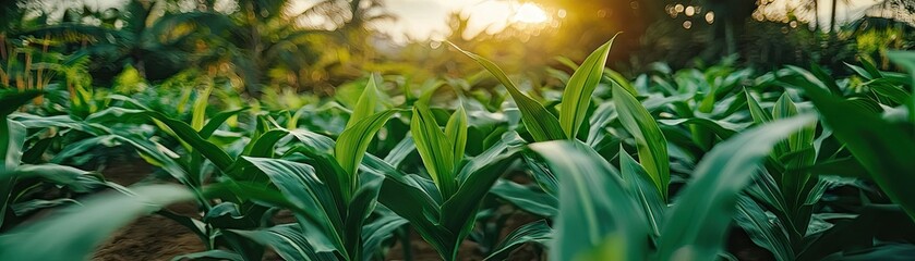 Obraz premium Green corn plants in field at sunset. Agriculture concept for food production and economic