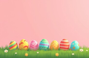 Colorful Easter eggs in green grass with pink background. Copy space for text
