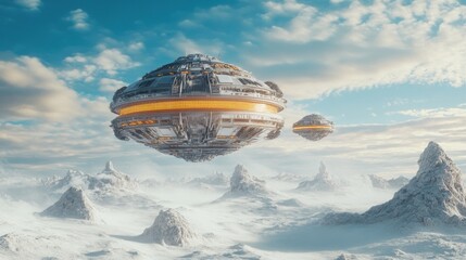 Spaceships are flying above a frozen and snowy alien landscape
