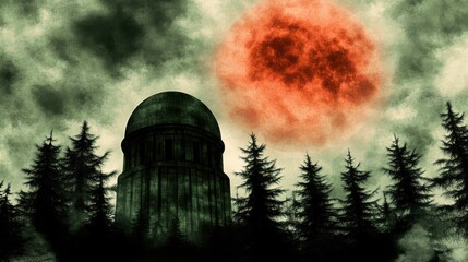 An ominous scene depicting a dark observatory and giant moon