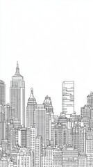 City skyline drawing, black and white, architecture, urban scene