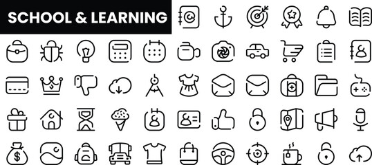 Set of outline icons related to school and education in a minimalist style.