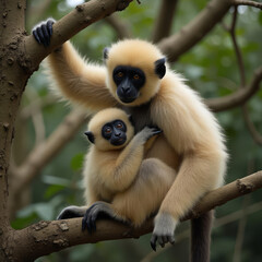 Fototapeta premium Cuddly monkeys resting on tree branch, showcasing their bond and playful nature