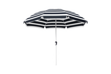 A classic black and white striped beach umbrella promising shade and seaside style on a sunny day, with a simple silver pole and clean white background.