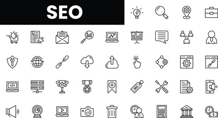 A diverse collection of SEO-related icons representing digital marketing concepts.