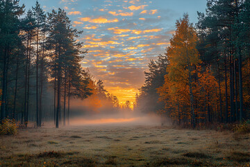 Fototapeta premium Sunrise illuminates a misty forest clearing with vibrant autumn colors in a tranquil setting