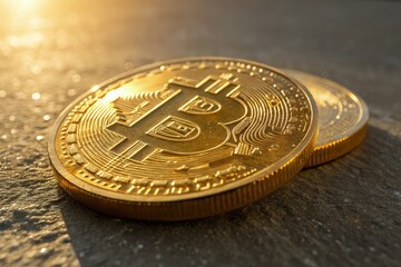 Bitcoin Coins Resting on a Textured Surface Under Sunlight Generative AI