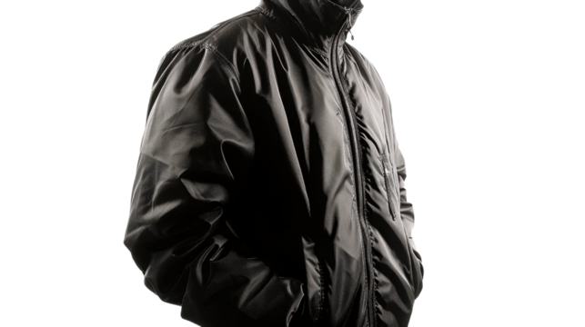 Security guard wearing black jacket with hands in pockets on transparent background