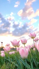 Obraz premium Pink Tulips Field Vibrant Sky Spring Nature Photography