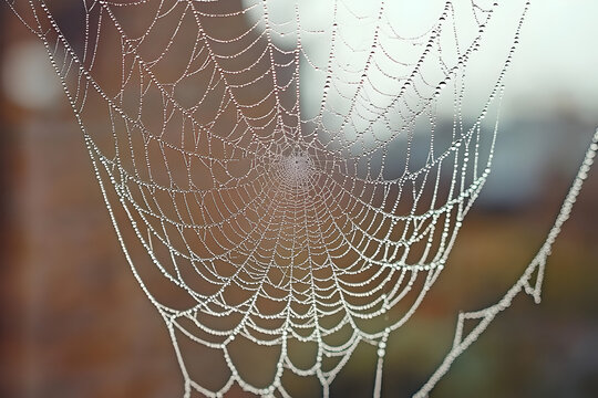 Dewdrops shimmer on intricate spider web in morning light near garden fence - Powered by Adobe