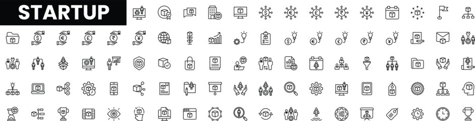 A collection of startup-themed icons representing innovation and business growth.
