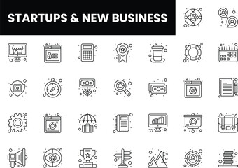 Set of minimalistic icons representing startups and new business concepts.