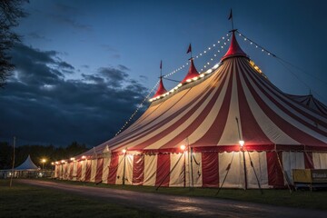 Colorful Circus Tent Illuminated at Night Near the Forest Generative AI