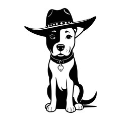 A clean black and white vector illustration of a friendly dog with a cowboy hat