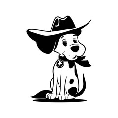 A black and white vector illustration of a cartoon dog wearing a cowboy hat, standing playfully on a white background