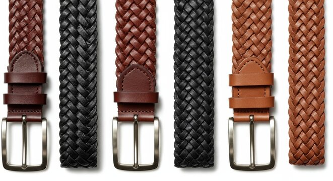 Elegant arrangement of braided leather belts in various shades on pristine white backdrop