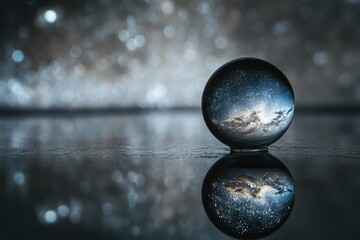 A glass sphere reflects a mesmerizing cosmic scene, mirroring the universe within its depths.