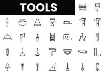 Naklejka premium A collection of various line-drawing tools and equipment icons on a white background.