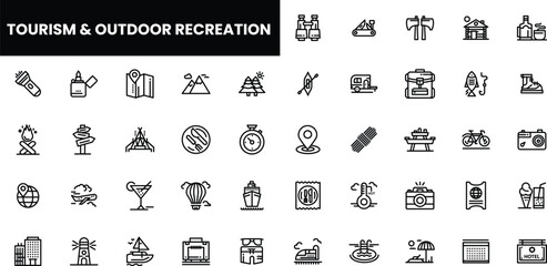 Collection of outdoor recreation and tourism icons in a minimalistic style.