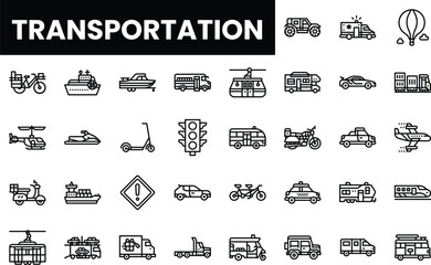 A collection of various transportation icons in black and white.