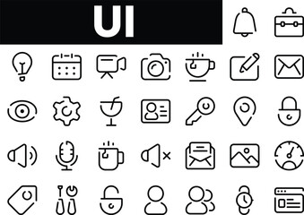 Various user interface icons in a minimalist design with a black and white color scheme.