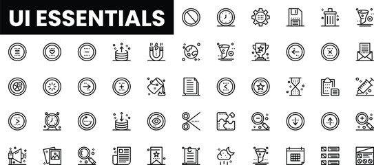 A diverse collection of UI essentials in minimalist line art style.