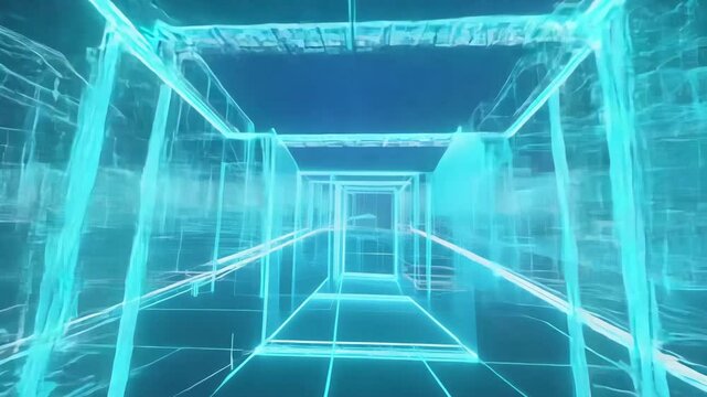 3D animation of a building wireframe model with dynamic zoom-in effect showcasing architectural structure
